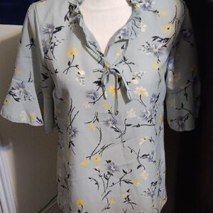 Chic Blue and Yellow Blouse with Elegant Ruffles